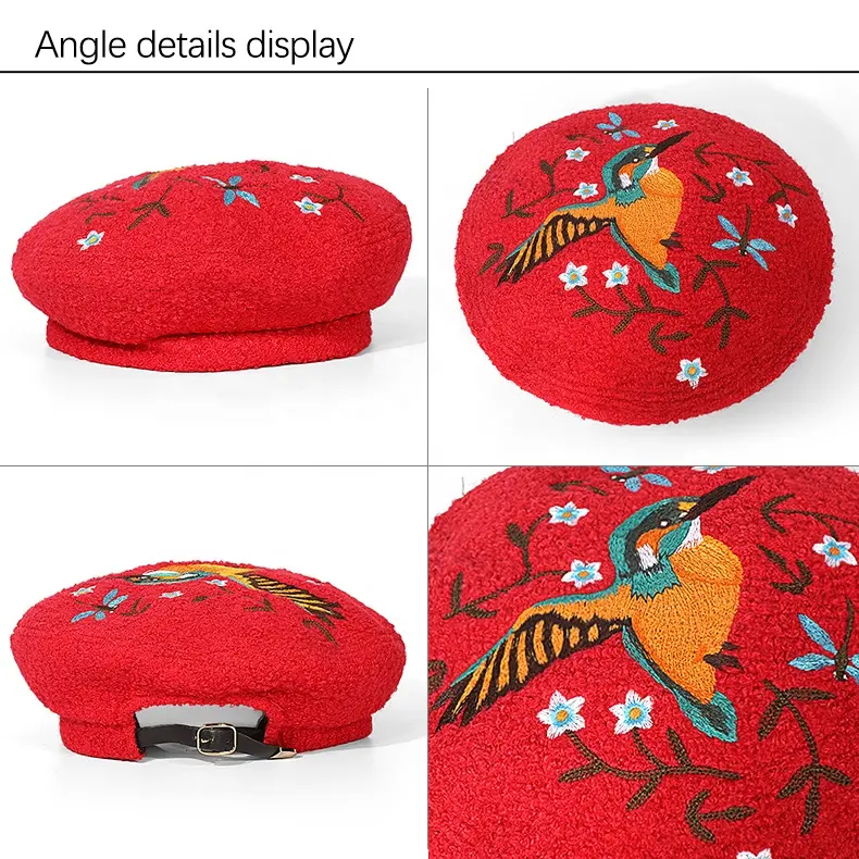 Woman Retro British Custom Embroidered Beret Cotton wool warm colorful Felt French Berets