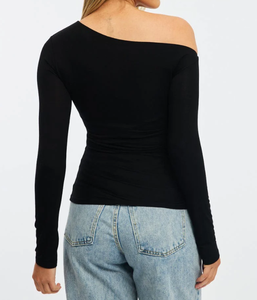 T-<span class=keywords><strong>shirt</strong></span> court asymétrique à épaules dénudées et manches longues froncé, coupe ajustée pour <span class=keywords><strong>femme</strong></span>, avec logo personnalisé, marque privée, OEM, ODM, vente en gros - Product Image 3