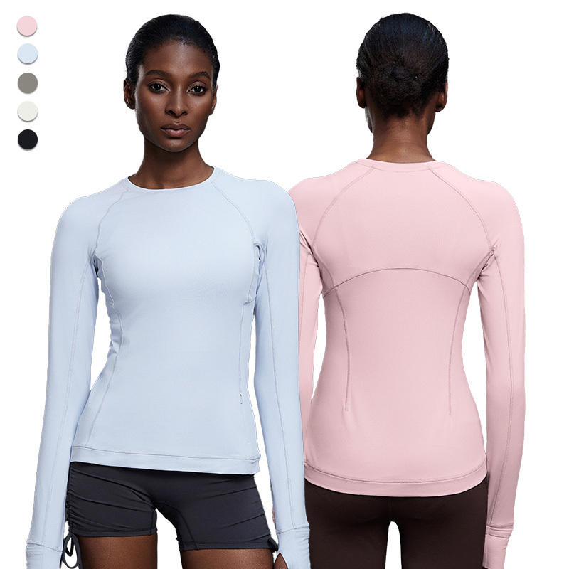 D25149 Long Sleeve Round Neck Yoga Top with Thumb Hole Breathable Training Running Sports T-shirt with Pockets for Women