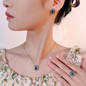 Vintage Eco-friendly Copper Gold Plated Square 6*8/5*7mm Emerald Zircon Pendant <b>Earrings</b> Ring <b>Set</b> Fashion Geometric Jewelry <b>Set</b> - Product Image 6