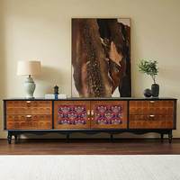 Ensemble de meubles de salon vintage en bois massif avec table basse à motifs décoratifs + meuble TV pour la décoration de la maison