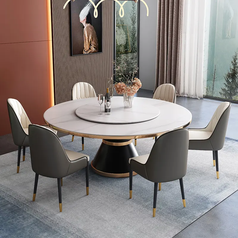 HANYEE tavolo da pranzo e sedia con piano in marmo di lusso moderno tavolo da pranzo rotondo in pietra sinterizzata con centro rotante per sala da pranzo
