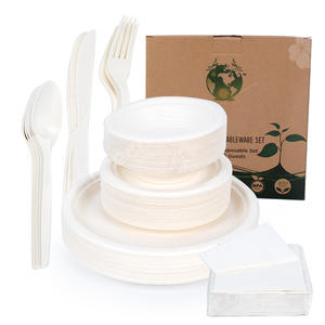 Ensemble d'assiettes rondes jetables en bagasse, ustensiles biodégradables compostables, couverts, fourchettes, couteaux, cuillères, marque <span class=keywords><strong>Timeco</strong></span> - Product Image 3