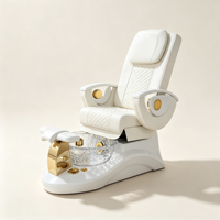 Sillón de Pedicura Profesional de Lujo para Salón de Uñas, Cuero Blanco, Decoración Dorada, Lavabo de Cristal