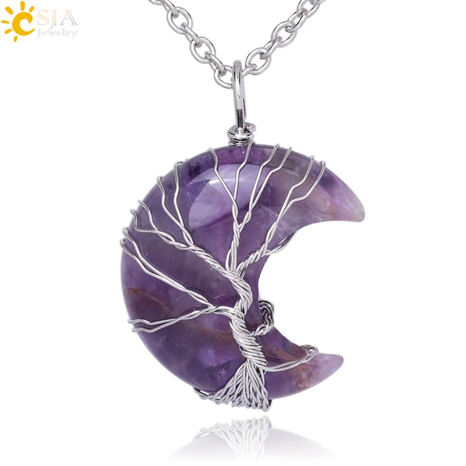 CSJA Wholesale Tree Of Life Wire Wrapped Crescent Moon Shape Natural Healing Crystal Stone Charm Pendants Necklaces G990
