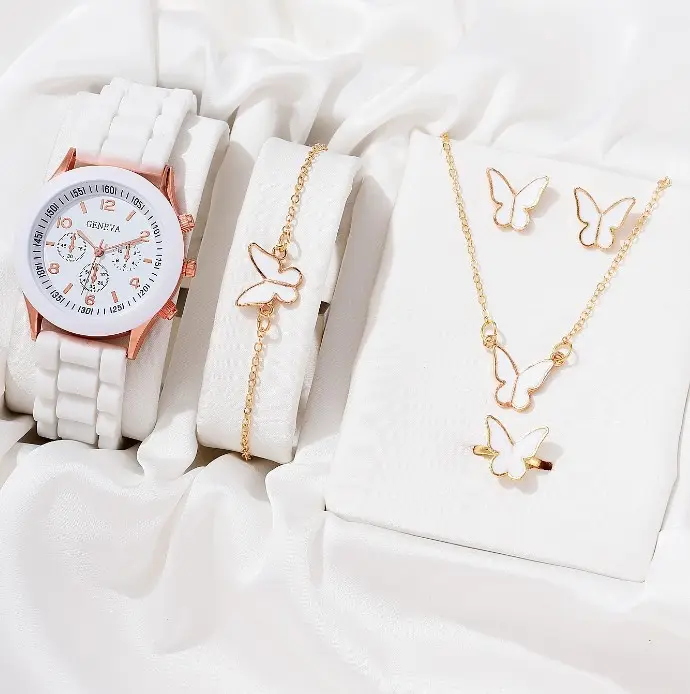 Venta caliente moda 5 piezas señoras regalo conjunto señoras relojes moda blanco y negro reloj joyería conjunto para mujer regalo