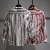 Chemise en lin rayée décontractée pour homme, style japonais rétro, à manches longues, patchwork de couleurs assorties, coupe ample, collection printemps, vente en gros