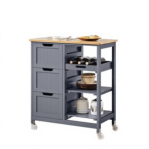 Carrito de Bar Rodante con Panel Superior de Madera Sólida, 3 Cajones y 3 Estantes Extraíbles, Carrito de Servicio Moderno para Comedor/Cocina Pequeña - Product Image 2