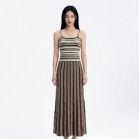 Robe d'été décontractée en tricot ajouré personnalisée, ensemble débardeur et jupe longue, palette vert-marron-moutarde pour femme