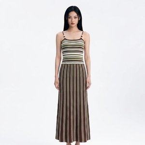 Robe d'été décontractée en tricot ajouré personnalisée, ensemble débardeur et jupe longue, palette vert-marron-moutarde pour femme - Product Image 2
