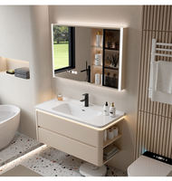 Meuble-lavabo mural flottant style crème, étanche, avec armoire de salle de bain à miroir LED intelligent et éclairage d'ambiance