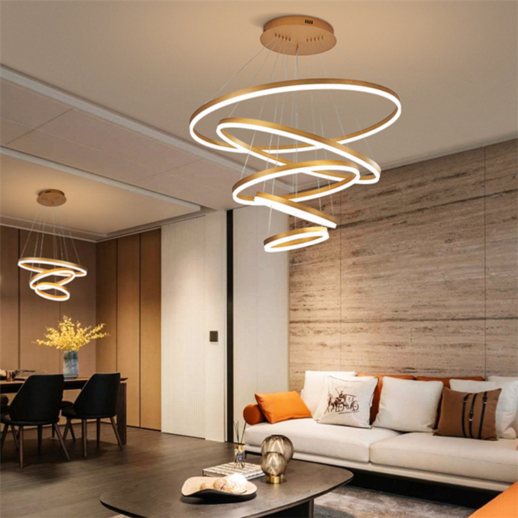 Simple Hanging Decorative Ceiling Pendant Lights Circle Rings Acrylic Gold Luxury Modern Led Chandelier