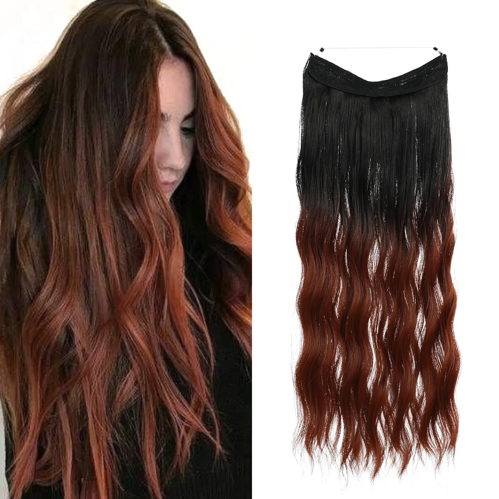 24 inch 120g Friendly Fiber No Clip Ombre Hair Extension Wavy Curly Long Synthetic Hair for Women