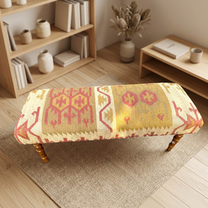 Banc à motif géométrique traditionnel, tissé à la main en laine et jute kilim écologiques, pour entrée, salon ou chambre. - Product Image 2