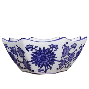Irregular rim blue and white terracotta home decoration bowl luxury punch bowl fresh fruit bowl bazaar