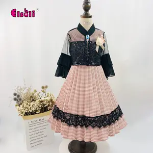 Elsali 여름 소녀 격자 무늬 pleated 드레스 블랙 스팽글 꽃 장식 tulle 작은 코트 이슬람 소녀 드레스
