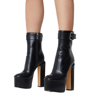 Bottines d'hiver thermiques occidentales pour femmes, boucle en métal, plateforme haute, talons épais et robustes, fermeture éclair latérale, bout rond court