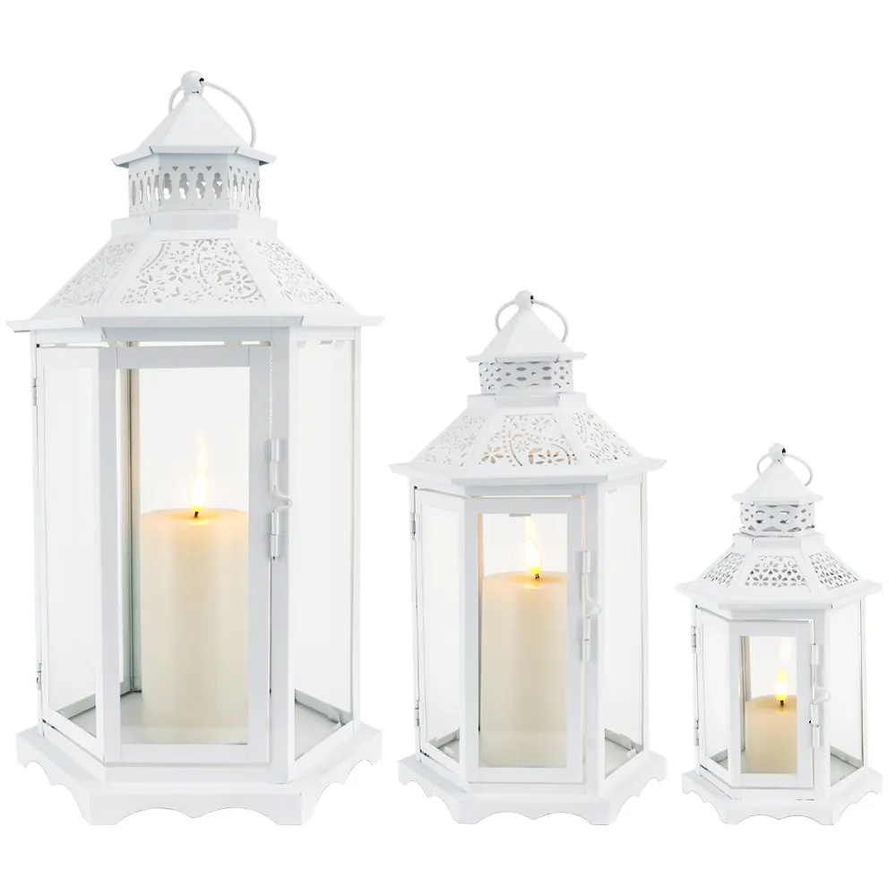 Set of 3 White Metal Hexagonal Lantern Flower Pattern Moroccan Floor Candle Lantern With Glass for Wedding Decor
