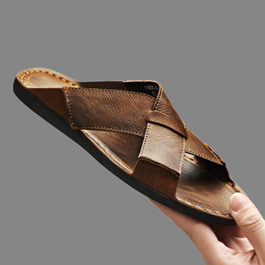 Black Genuine Leather Cross Strap <b>Slippers</b> With EVA Sole Anti-Slip Summer Indoor Men's Flip-Flops - Product Image 3