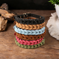 Handgeflochtenes Echtes Leder Hundehalsband, 6 Einfarbige Varianten Dunkelbraun Rosa Schwarz Blau Mintgrün Beige Verstellbares Haustierhalsband