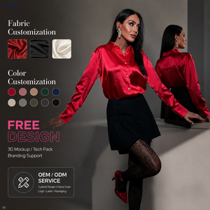Camicetta da Donna Plus Size in Seta Satinata 100% <span class=keywords><strong>Nera</strong></span> e Rossa, con Bottoni, Colletto Rovesciato, Maniche Lunghe, Vestibilità Comoda, Tinta Unita, per Feste - Product Image 1