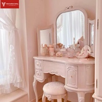 Table de toilette vintage française en bois massif rose, table de maquillage de luxe sculptée pour chambre à coucher, coiffeuse style princesse avec miroir