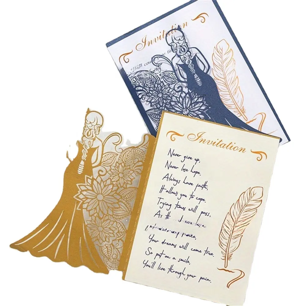 Svuotando la carta di invito del regalo della festa di compleanno del battesimo, carta di invito di nozze personalizzata, saluto Deaigns inviti di nozze di lusso