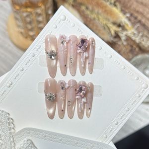 10 <span class=keywords><strong>Uñas</strong></span> Postizas Color Nude con Diseño de Ojo de Gato y Circonitas, Hechas a Mano, Forma Almendrada, para Salón, Manicura DIY, Etiquetas Personalizadas - Product Image 2
