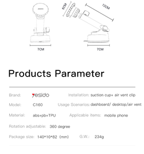 Support magnétique universel pour téléphone de voiture <span class=keywords><strong>Yesido</strong></span> C160, rotation à 360 degrés, télescopique, pour pare-brise et tableau de bord - Product Image 6