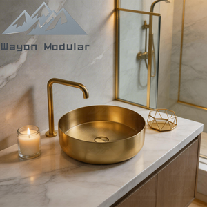 Ensemble de lavabo de salle de bain Wayon Luxury en or brossé, évier rond et robinet en acier inoxydable - Product Image 1