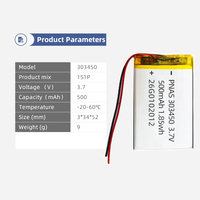 Batterie polymère en pochette OEM 303450 500mAh 3.7V LiPo pour outil électrique, jouet, téléphone portable, banque d'alimentation avec certification CE/UL1642