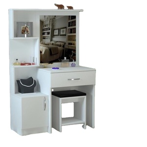 Tocador de Maquillaje Novella de Madera Blanca Clásica de Lujo con Espejo Iluminado, Gabinete, Cajones y Puf para Hotel, Hogar o Vestidor - Product Image 1