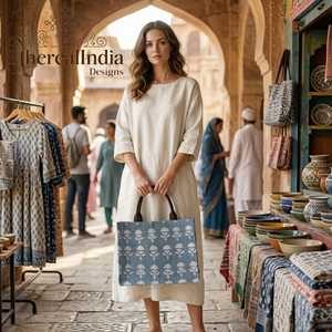 Sac fourre-tout en coton bleu indigo imprimé au bloc, sac à bandoulière géométrique, sac de voyage et de marché fait main - Product Image 1