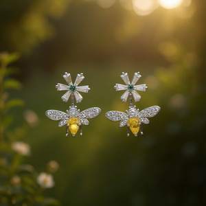 ต่างหูรูปผึ้งชุบทองคำขาวประดับเพชรซิร์คอนทรงหยดน้ำและเพชรสำหรับผู้หญิง เครื่องประดับสำหรับงานปาร์ตี้ ดีไซน์แมลงน่ารัก - Product Image 2