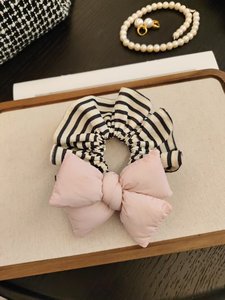 Korean Cotton <b>Bow</b> Sweet Black and White Striped Women's Scrunchie Fabric Hair Accessories - Product Image 4