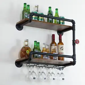 Wine Rack Wall Mounted 2 Tier Hanging Floating Small Mini Bar Liquor Shelves with Glass Holder Storage Under Industrial Rustic