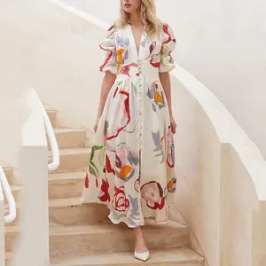 Großhandel Sommer koreanische Mode New Casual Chiffon Vintage Schößchen Blumen Frau Boho Plissee Strand Maxi elegante Blumen kleid