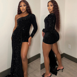 Robe de soirée asymétrique en velours avec traîne, style robe de bal, élégante et discrète pour femme - Product Image 4