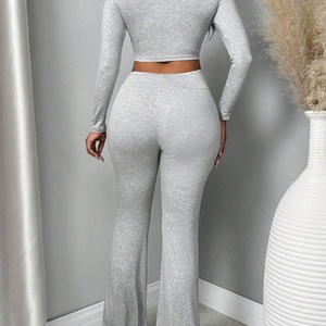 Viviblook Z703ST05 Street Fall décontracté sport Slash épaule à manches longues nœud Flare pantalon ensemble femmes deux pièces ensemble - Product Image 3