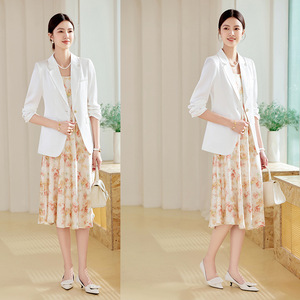 White <b>Blazer</b> Dress <b>Set</b> Women Spring 2024 Floral Print Sheath Suit Formal Office Wear - Product Image 1