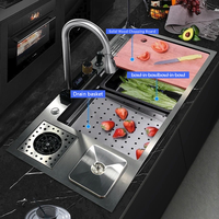 Évier de cuisine multifonctionnel en acier inoxydable 304 Maite avec robinet cascade, lave-tasses, panier d'égouttage et bac intégré
