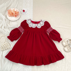 Abito da principessa in velluto rosso con pizzo e maniche a bolle per <span class=keywords><strong>bambina</strong></span>, Collezione Natale 2026 - Nuovo <span class=keywords><strong>vestito</strong></span> alla moda per bambine e neonate - Product Image 3