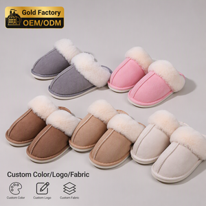 Pantoufles classiques en daim à surpiqûres pour femmes, avec col en fausse fourrure, pantoufles d'intérieur chaudes et douillettes pour l'hiver, OEM/ODM - Product Image 1