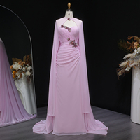 Sharon Said SF223 Hellrosa Meerjungfrau-Abendkleider Elegantes Cape Drapiertes Perlenbesetztes Hochzeitskleid Formelles Kleid für Damen