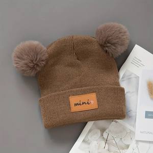 Chapeau en <span class=keywords><strong>tricot</strong></span> tendance automne-hiver avec étiquette en cuir <span class=keywords><strong>pour</strong></span> garçons et filles, style décontracté <span class=keywords><strong>facile</strong></span> à assortir - Product Image 3
