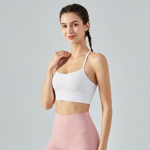 Women Ribbed T-Strap <b>Back</b> Sports Bra Thin Spaghetti Strap Padded Yoga Crop <b>Top</b> Stretch <b>Low</b> Impact Pilates Fitness Bralette - Product Image 3
