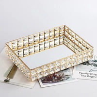Plateau de rangement de maquillage de luxe en métal et cristal, style classique français, miroir rectangulaire doré, 35x25cm