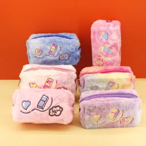 RU Korean Style Cute Soft Fur Fashion Toiletry Travel Cosmetic Bag Embroidery Sequins Convenient Zipper Plush Makeup Pouch