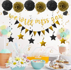 Oro y negro te extrañaremos banner colgante estrella foil remolinos papel pompones guirnalda para despedida Feliz jubilación <span class=keywords><strong>fiesta</strong></span> Decoración - Product Image 2
