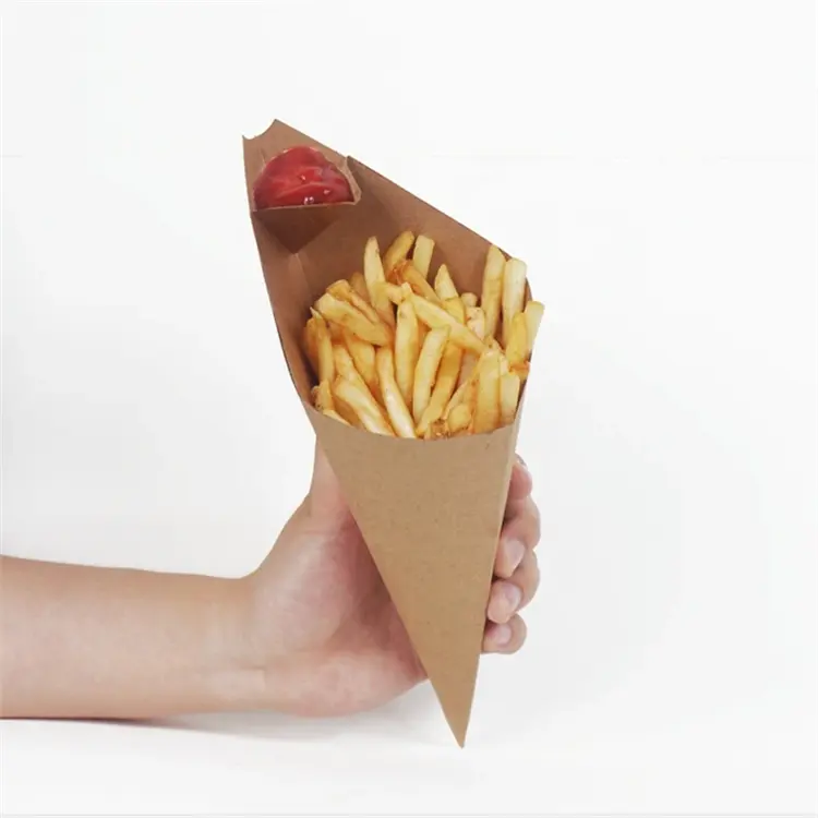 Caja de comida rápida personalizada para patatas fritas, cono de embalaje de papel, venta al por mayor, 2021